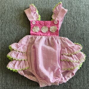 Pink Gingham Ruffle boutique sunsuit-sand dollar embroidery, crescent moon child